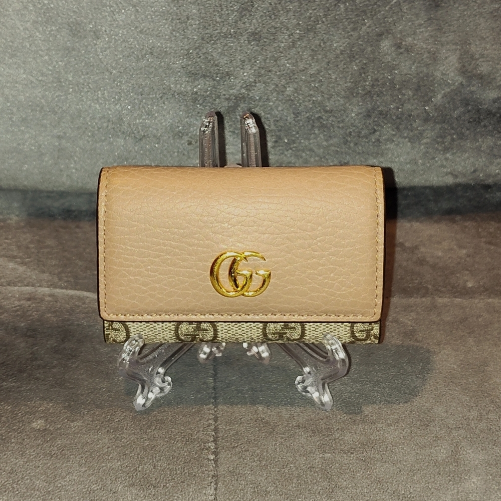 GUCCI GG MARMONT BI-COLOR KEYCASE PINK LEATHER & MONOGRAM SUPREME CANVAS